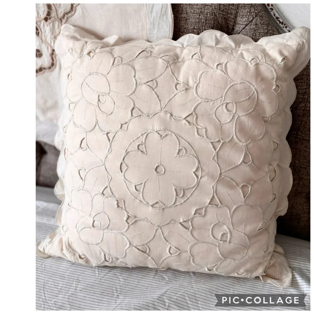 4 Pc Cottagecore Battenburg Lace 3 Pillow & Runner Set Cream Cotton Floral